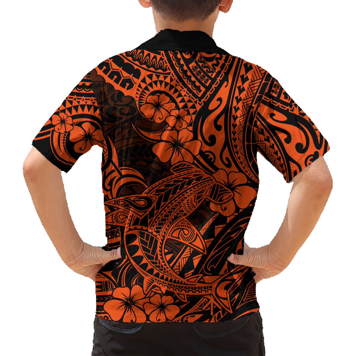 Hawaii Shark Kid Hawaiian Shirt Polynesian Pattern Orange Version LT01 - Polynesian Pride
