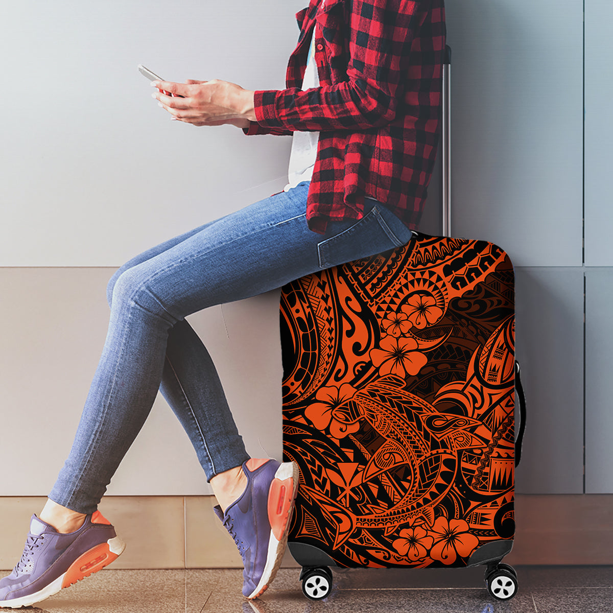 Hawaii Shark Luggage Cover Polynesian Pattern Orange Version LT01 - Polynesian Pride