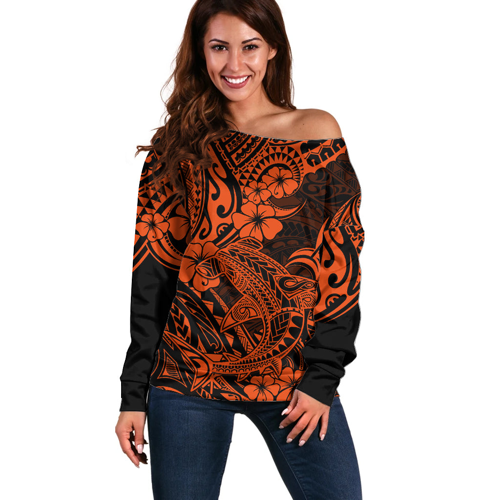 Hawaii Shark Off Shoulder Sweater Polynesian Pattern Orange Version LT01 Women Orange - Polynesian Pride