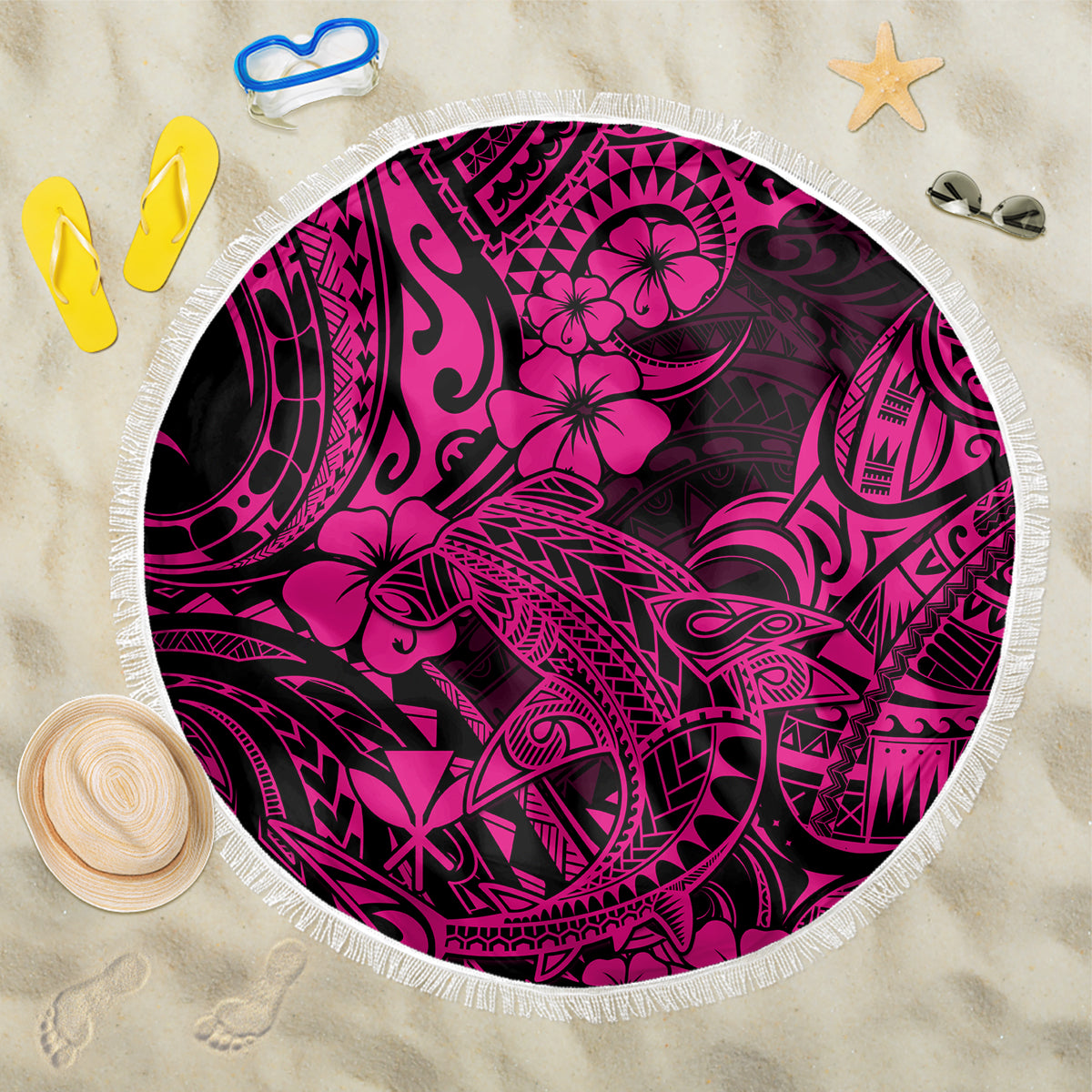 Hawaii Shark Beach Blanket Polynesian Pattern Pink Version LT01 One Size 150cm Pink - Wonder Print Shop