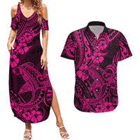 Hawaii Shark Couples Matching Summer Maxi Dress and Hawaiian Shirt Polynesian Pattern Pink Version LT01 Pink - Polynesian Pride