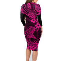 Hawaii Shark Family Matching Long Sleeve Bodycon Dress and Hawaiian Shirt Polynesian Pattern Pink Version LT01 - Polynesian Pride