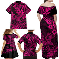 Hawaii Shark Family Matching Off Shoulder Maxi Dress and Hawaiian Shirt Polynesian Pattern Pink Version LT01 - Polynesian Pride