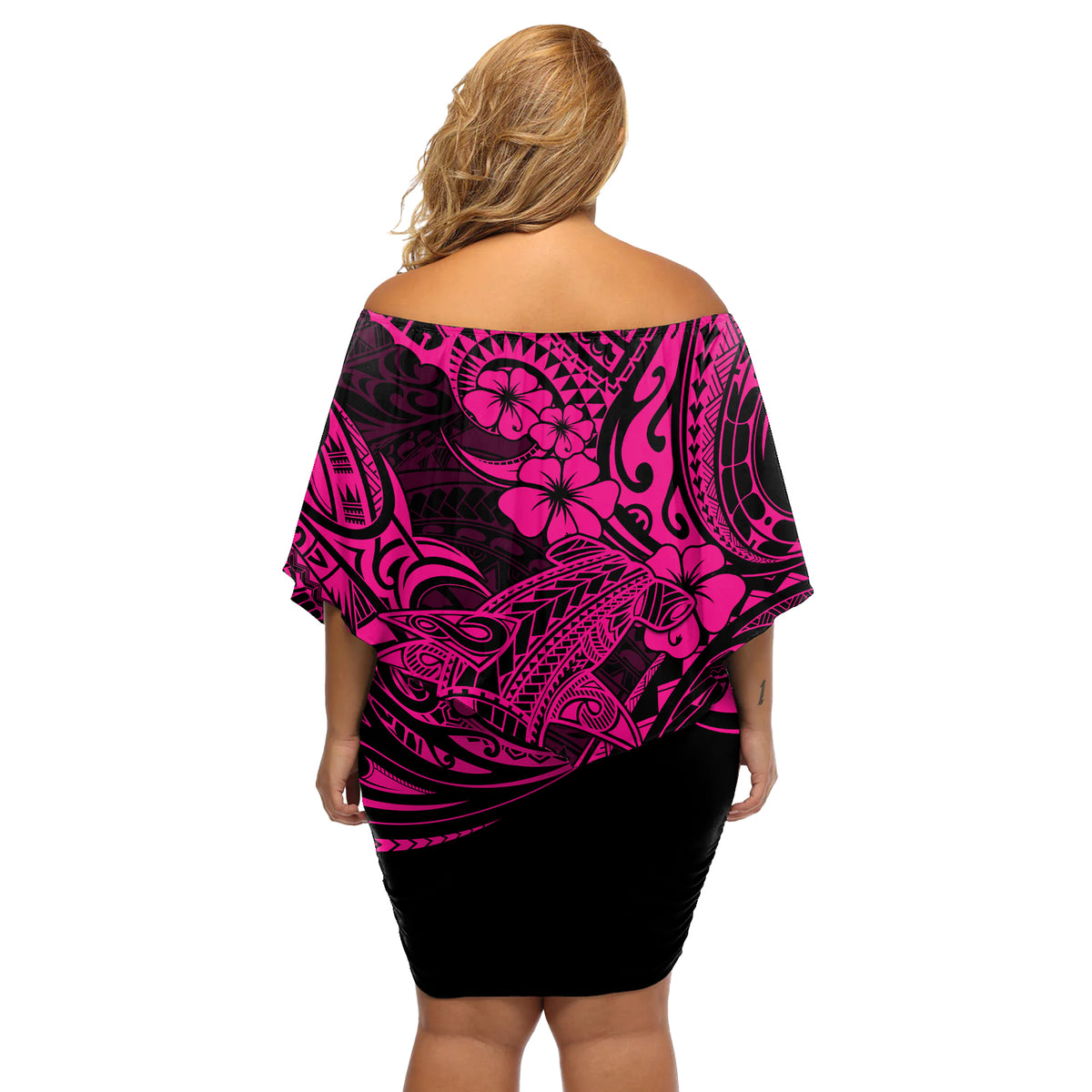 Hawaii Shark Off Shoulder Short Dress Polynesian Pattern Pink Version LT01 - Polynesian Pride