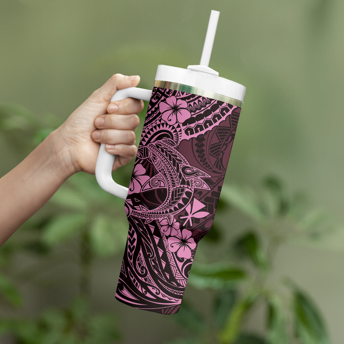 Hawaii Shark Tumbler With Handle Polynesian Pattern Pink Version