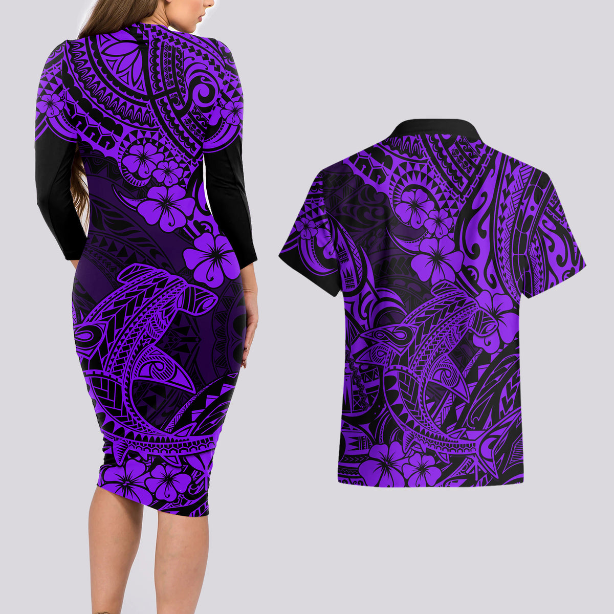 Hawaii Shark Couples Matching Long Sleeve Bodycon Dress and Hawaiian Shirt Polynesian Pattern Purple Version LT01 - Polynesian Pride