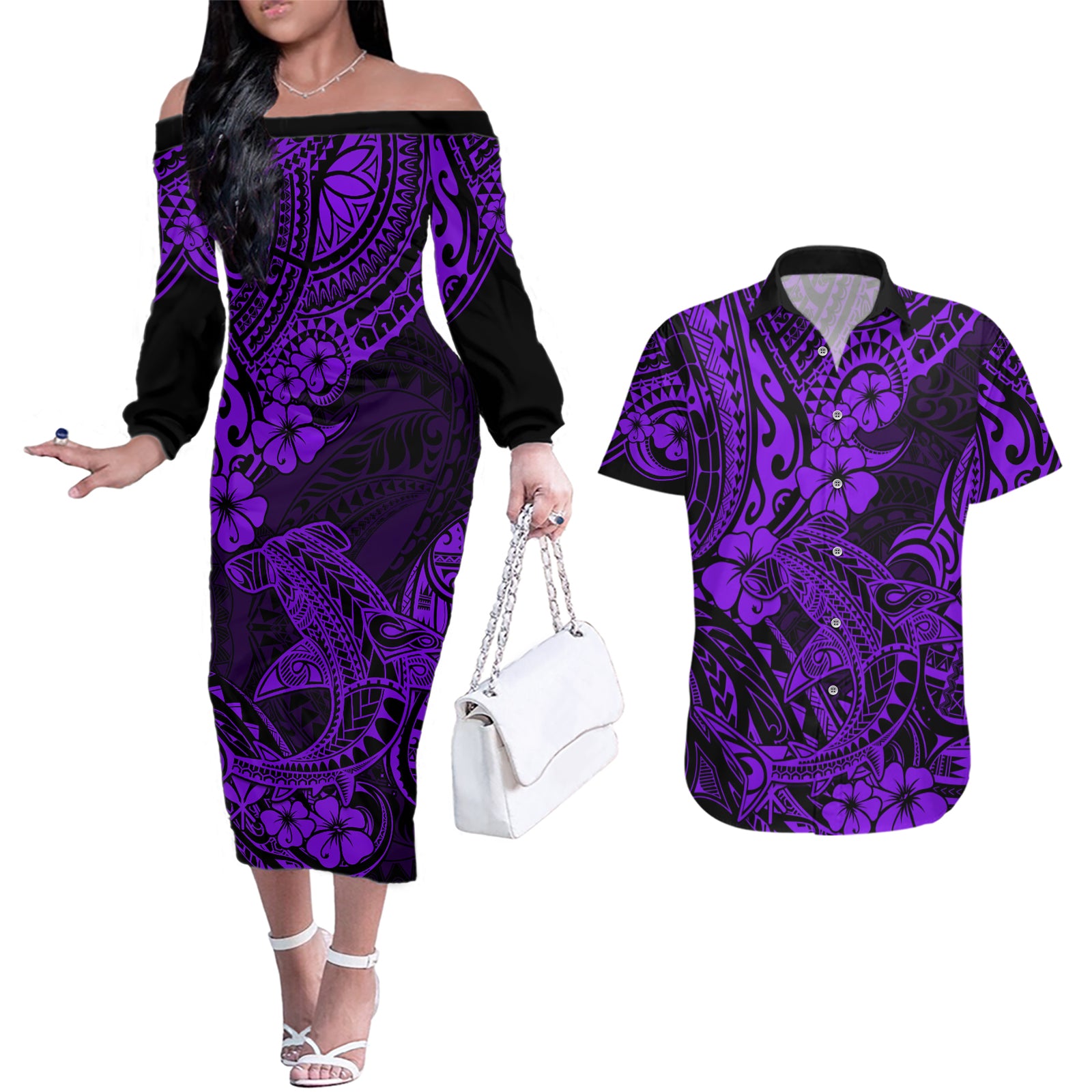 Hawaii Shark Couples Matching Off The Shoulder Long Sleeve Dress and Hawaiian Shirt Polynesian Pattern Purple Version LT01 Purple - Polynesian Pride