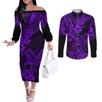 Hawaii Shark Couples Matching Off The Shoulder Long Sleeve Dress and Long Sleeve Button Shirts Polynesian Pattern Purple Version LT01 Purple - Polynesian Pride