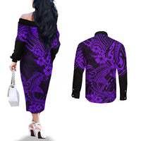 Hawaii Shark Couples Matching Off The Shoulder Long Sleeve Dress and Long Sleeve Button Shirts Polynesian Pattern Purple Version LT01 - Polynesian Pride