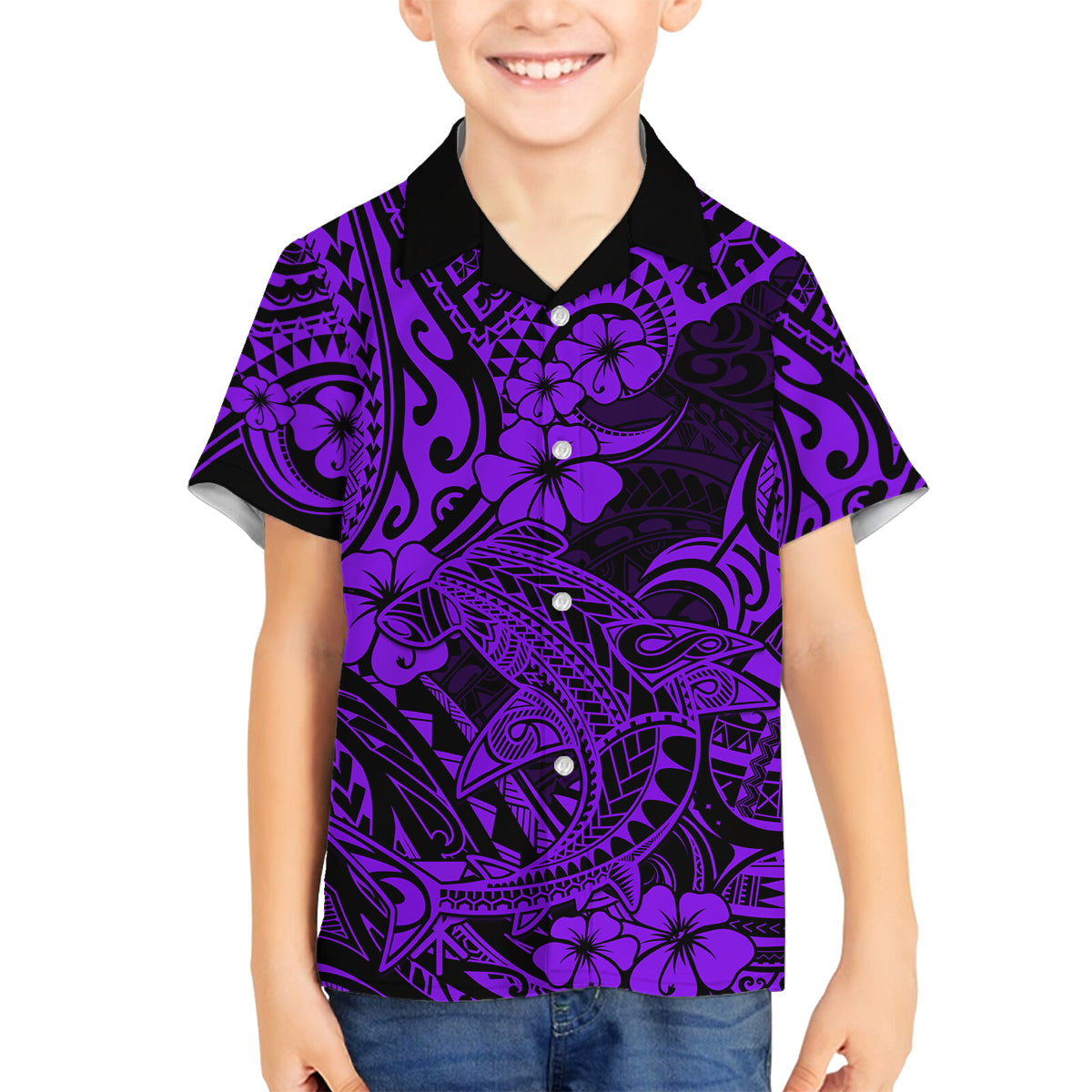 Hawaii Shark Family Matching Off Shoulder Long Sleeve Dress and Hawaiian Shirt Polynesian Pattern Purple Version LT01 Son's Shirt Purple - Polynesian Pride