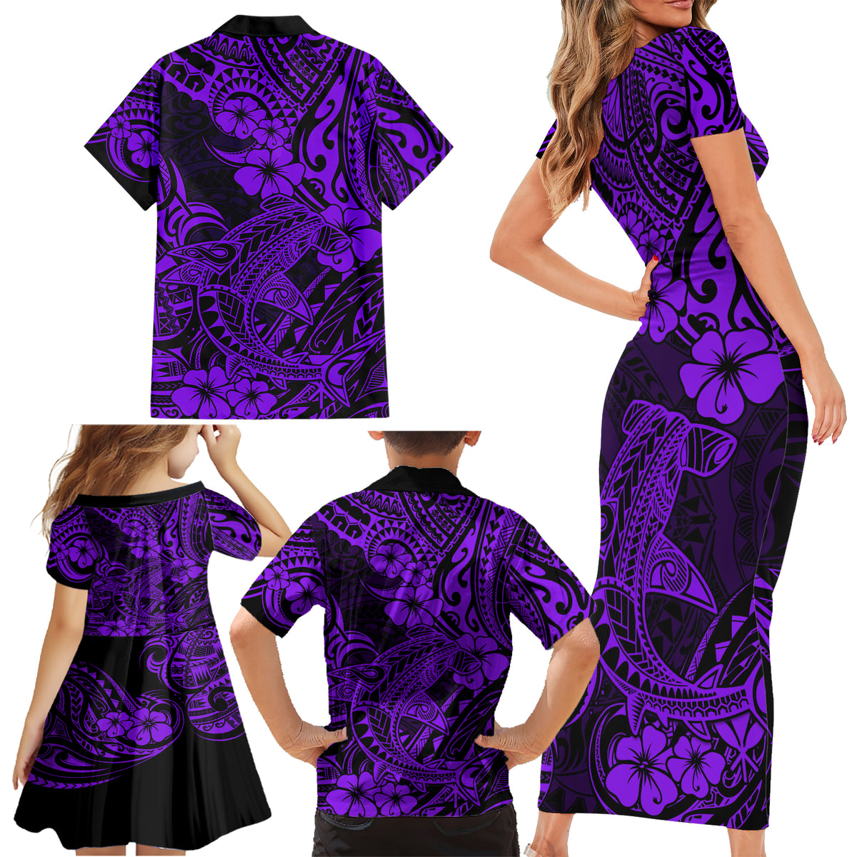 Hawaii Shark Family Matching Short Sleeve Bodycon Dress and Hawaiian Shirt Polynesian Pattern Purple Version LT01 - Polynesian Pride