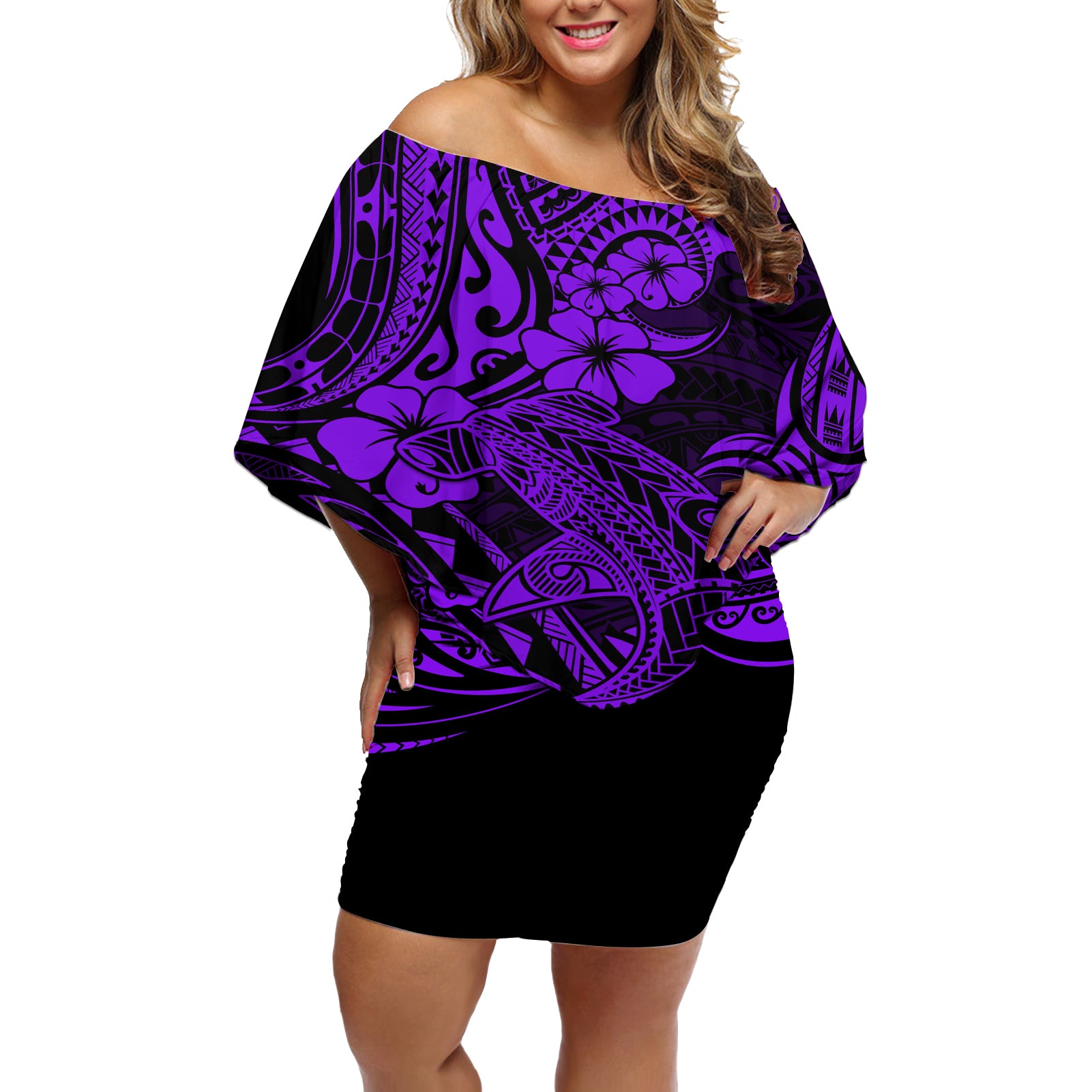 Hawaii Shark Off Shoulder Short Dress Polynesian Pattern Purple Version LT01 Women Purple - Polynesian Pride