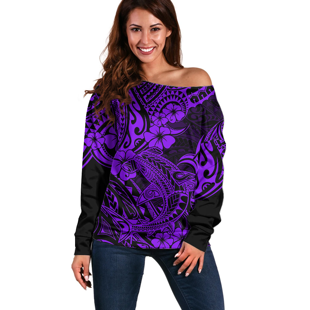 Hawaii Shark Off Shoulder Sweater Polynesian Pattern Purple Version LT01 Women Purple - Polynesian Pride