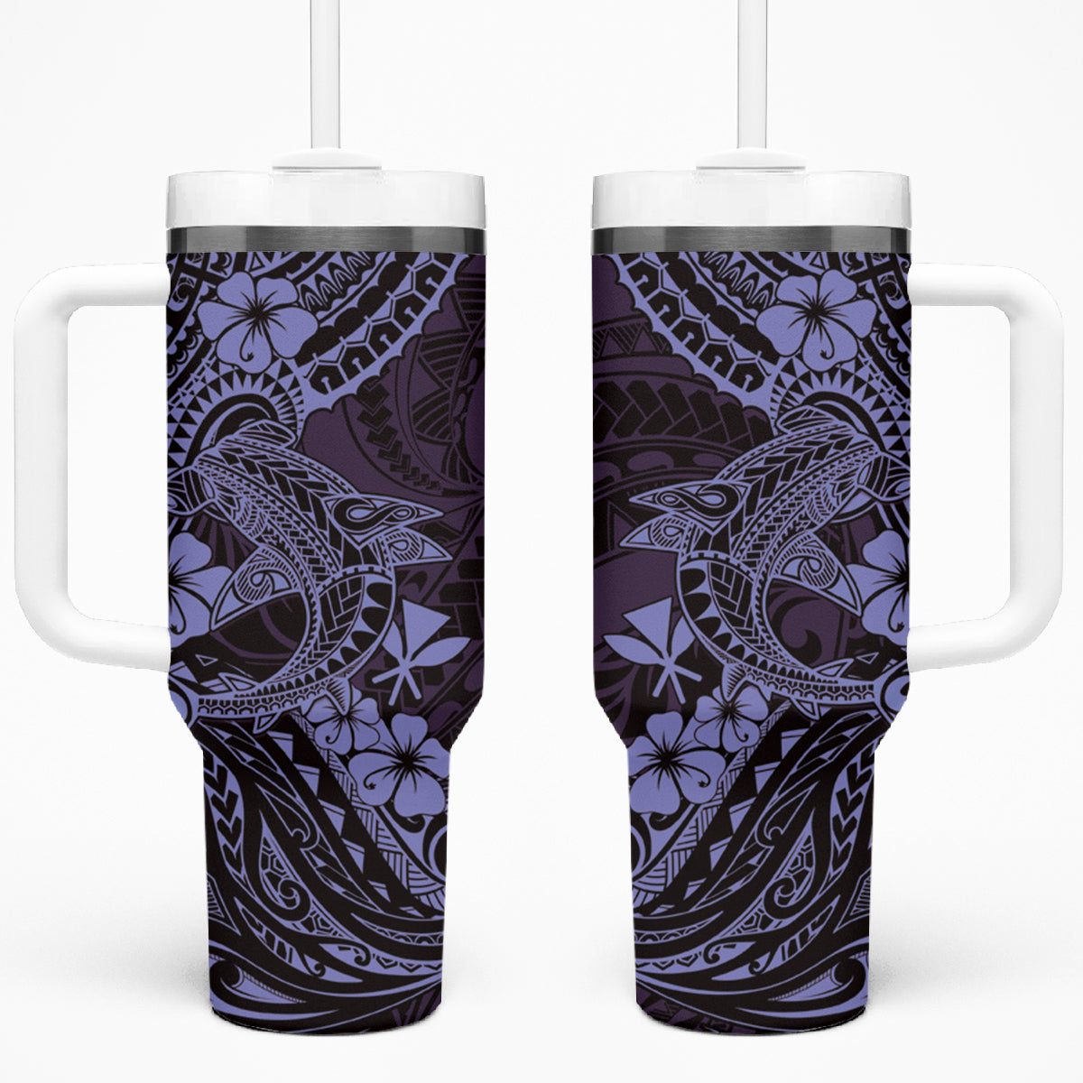 Hawaii Shark Tumbler With Handle Polynesian Pattern Purple Version