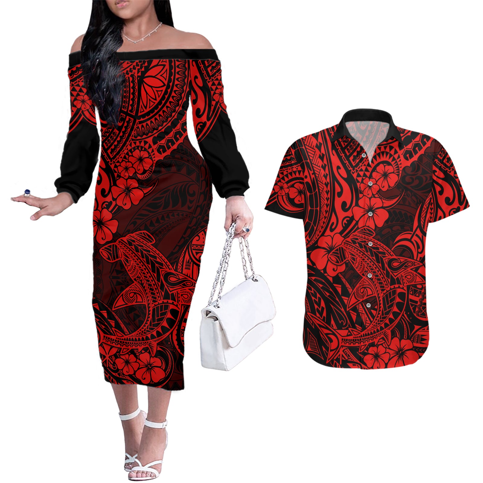 Hawaii Shark Couples Matching Off The Shoulder Long Sleeve Dress and Hawaiian Shirt Polynesian Pattern Red Version LT01 Red - Polynesian Pride