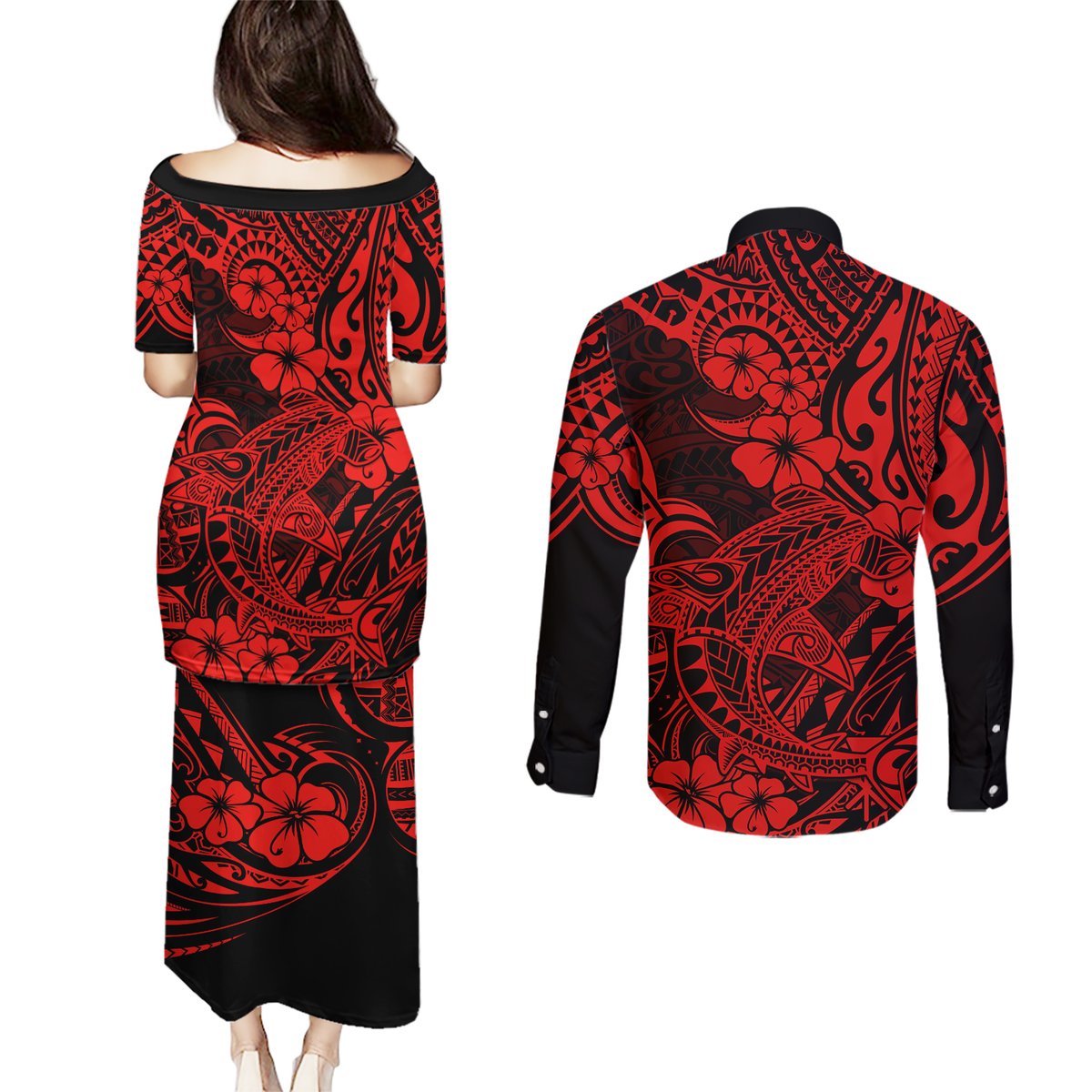 Hawaii Shark Couples Matching Puletasi Dress and Long Sleeve Button Shirts Polynesian Pattern Red Version LT01 - Polynesian Pride