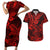 Hawaii Shark Couples Matching Short Sleeve Bodycon Dress and Hawaiian Shirt Polynesian Pattern Red Version LT01 Red - Polynesian Pride