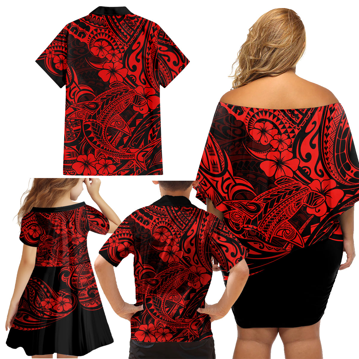 Hawaii Shark Family Matching Off Shoulder Short Dress and Hawaiian Shirt Polynesian Pattern Red Version LT01 - Polynesian Pride