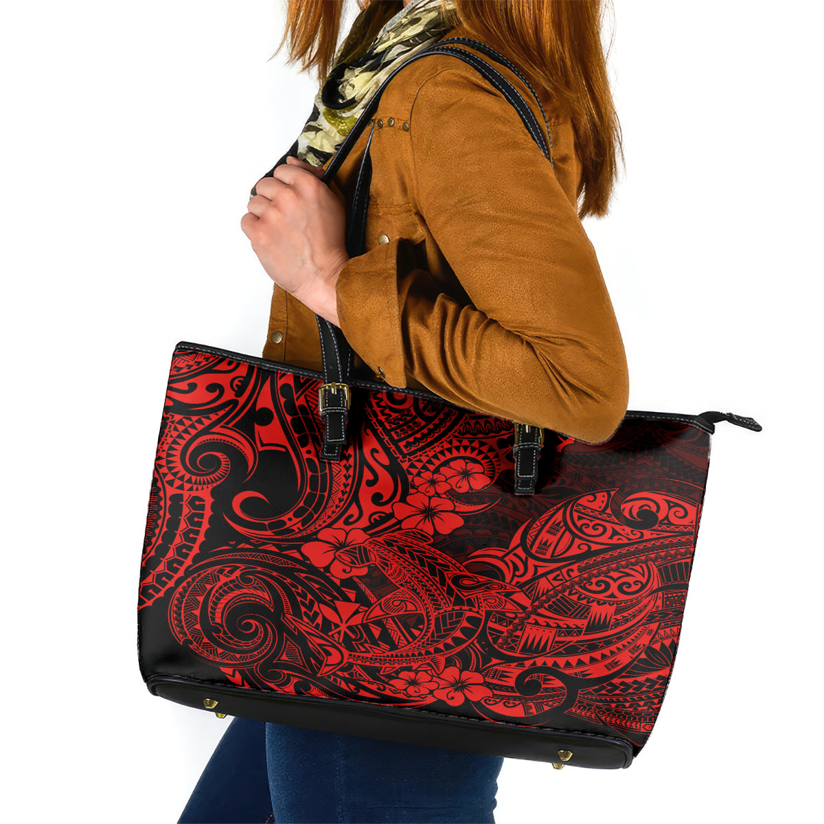 Hawaii Shark Leather Tote Bag Polynesian Pattern Red Version LT01 Red - Polynesian Pride