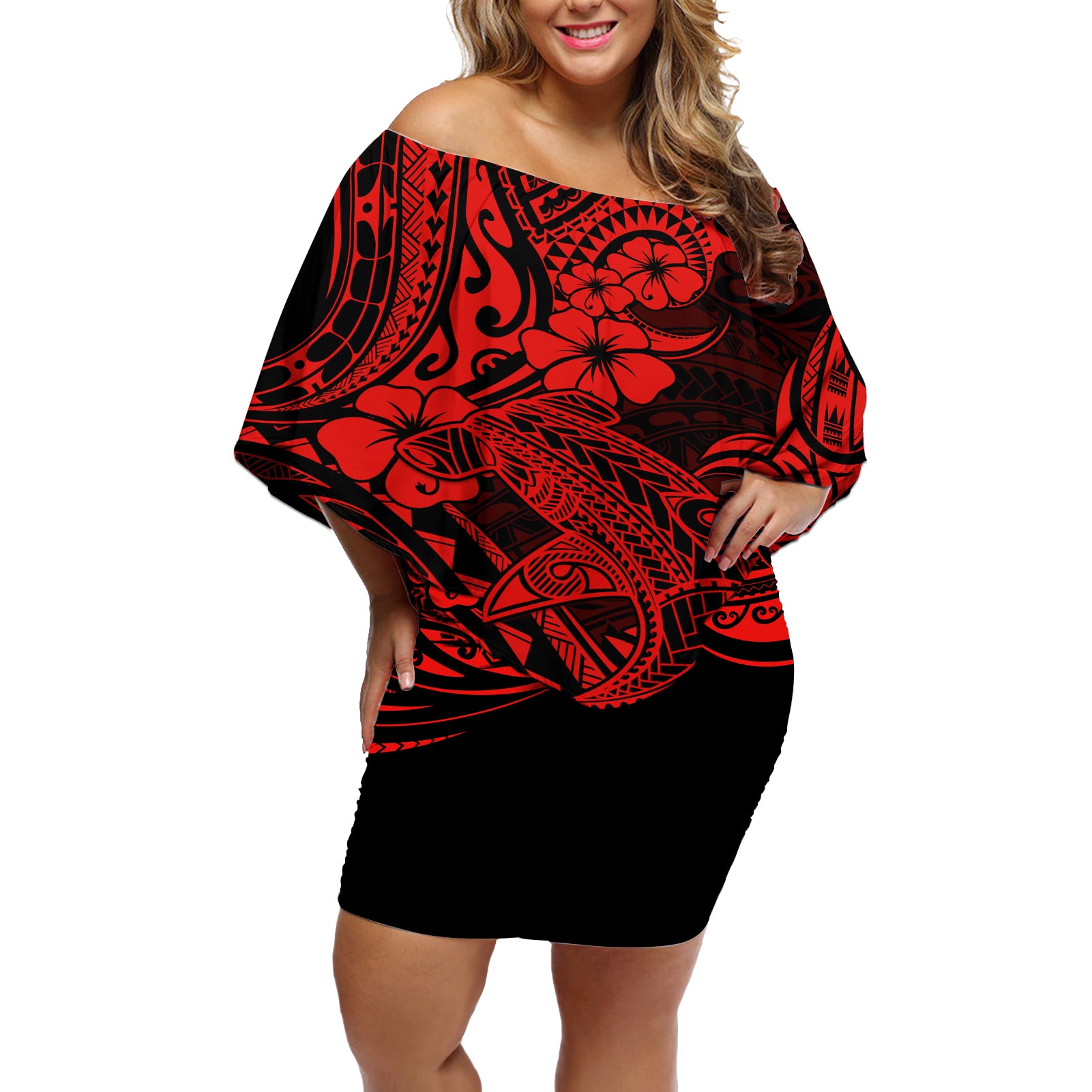 Hawaii Shark Off Shoulder Short Dress Polynesian Pattern Red Version LT01 Women Red - Polynesian Pride