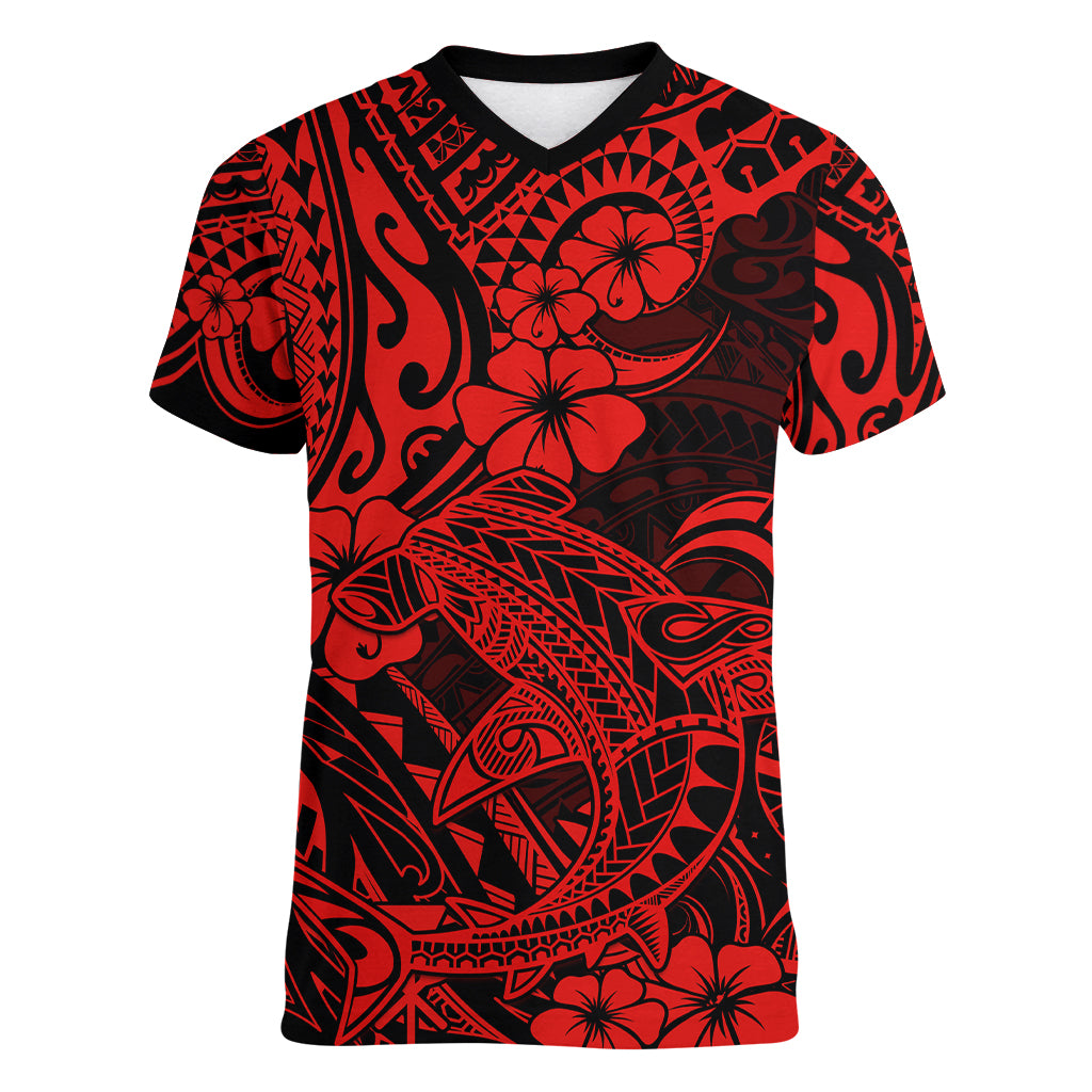 Hawaii Shark Women V Neck T Shirt Polynesian Pattern Red Version LT01 Female Red - Polynesian Pride