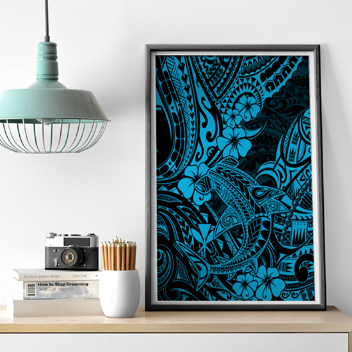 Hawaii Shark Canvas Wall Art Polynesian Pattern Sky Blue Version LT01 - Polynesian Pride