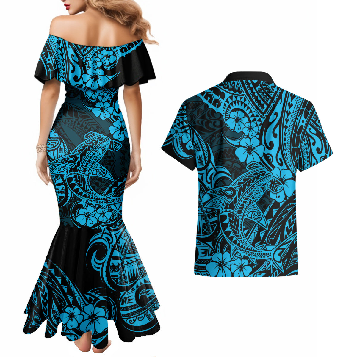 Hawaii Shark Couples Matching Mermaid Dress and Hawaiian Shirt Polynesian Pattern Sky Blue Version LT01 - Polynesian Pride