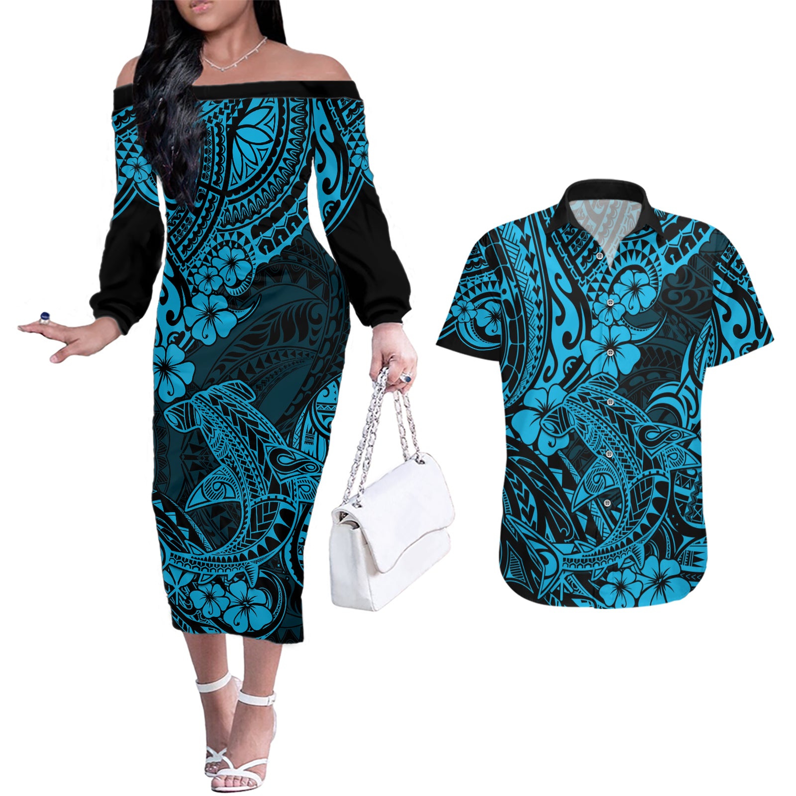 Hawaii Shark Couples Matching Off The Shoulder Long Sleeve Dress and Hawaiian Shirt Polynesian Pattern Sky Blue Version LT01 Blue - Polynesian Pride