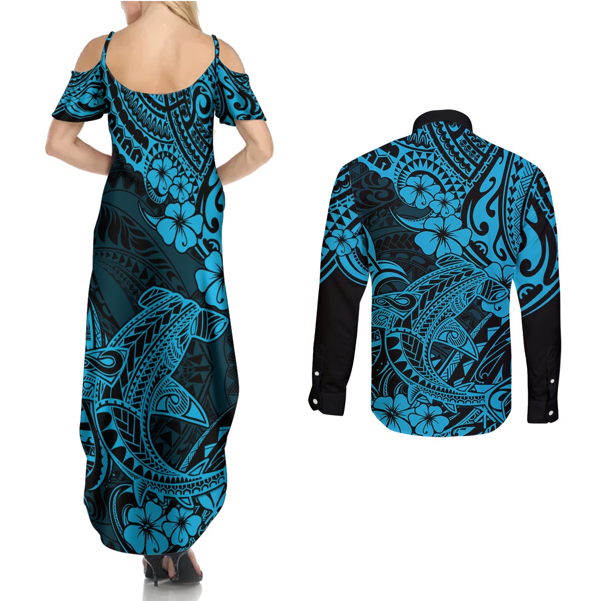 Hawaii Shark Couples Matching Summer Maxi Dress and Long Sleeve Button Shirts Polynesian Pattern Sky Blue Version LT01 - Polynesian Pride