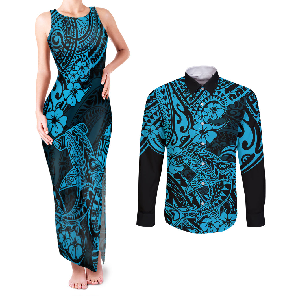 Hawaii Shark Couples Matching Tank Maxi Dress and Long Sleeve Button Shirts Polynesian Pattern Sky Blue Version LT01 Blue - Polynesian Pride