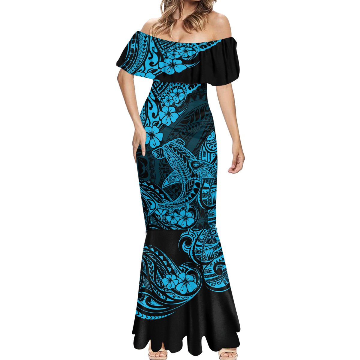 Hawaii Shark Mermaid Dress Polynesian Pattern Sky Blue Version LT01 - Polynesian Pride