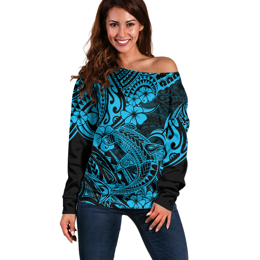 Hawaii Shark Off Shoulder Sweater Polynesian Pattern Sky Blue Version LT01 Women Blue - Polynesian Pride