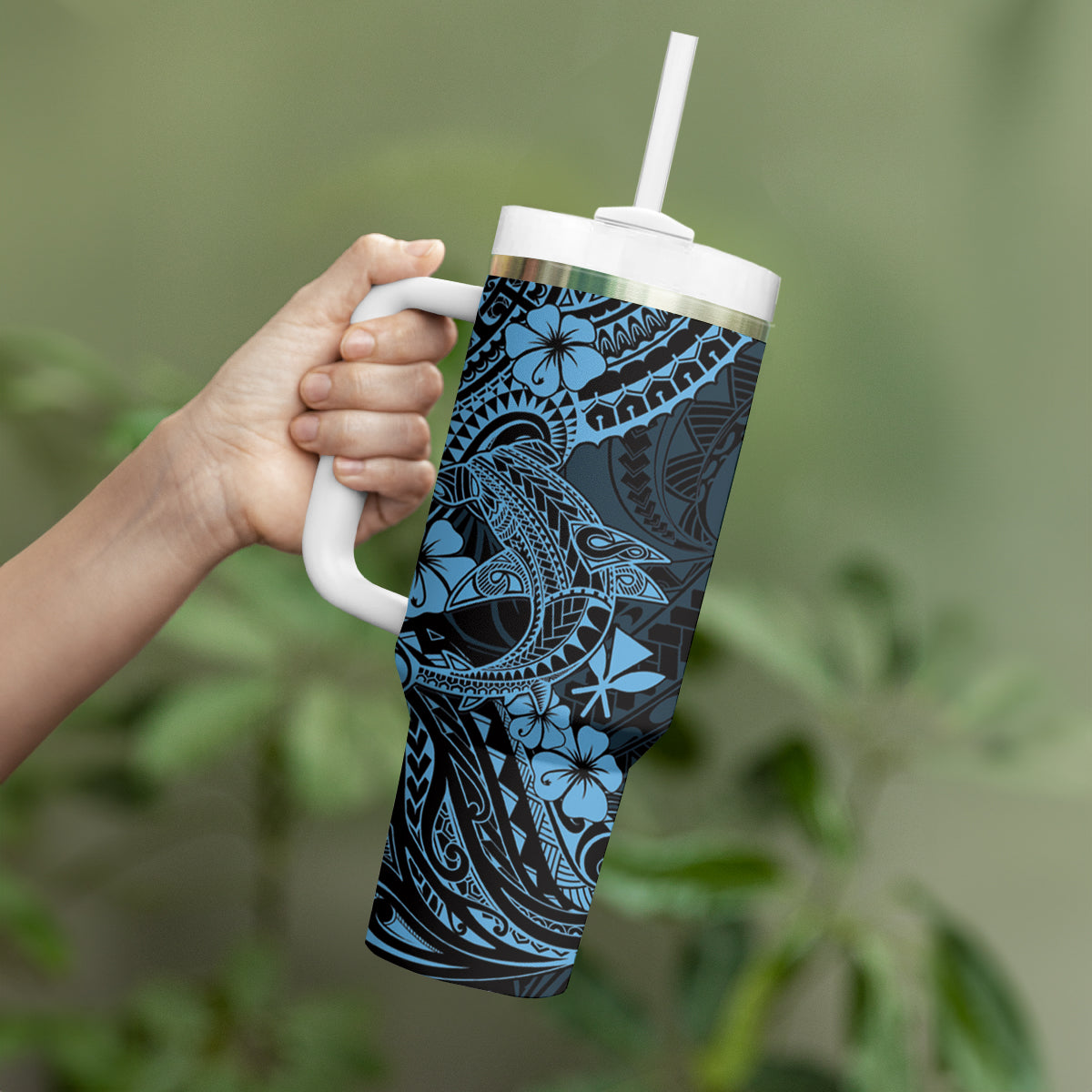 Hawaii Shark Tumbler With Handle Polynesian Pattern Sky Blue Version