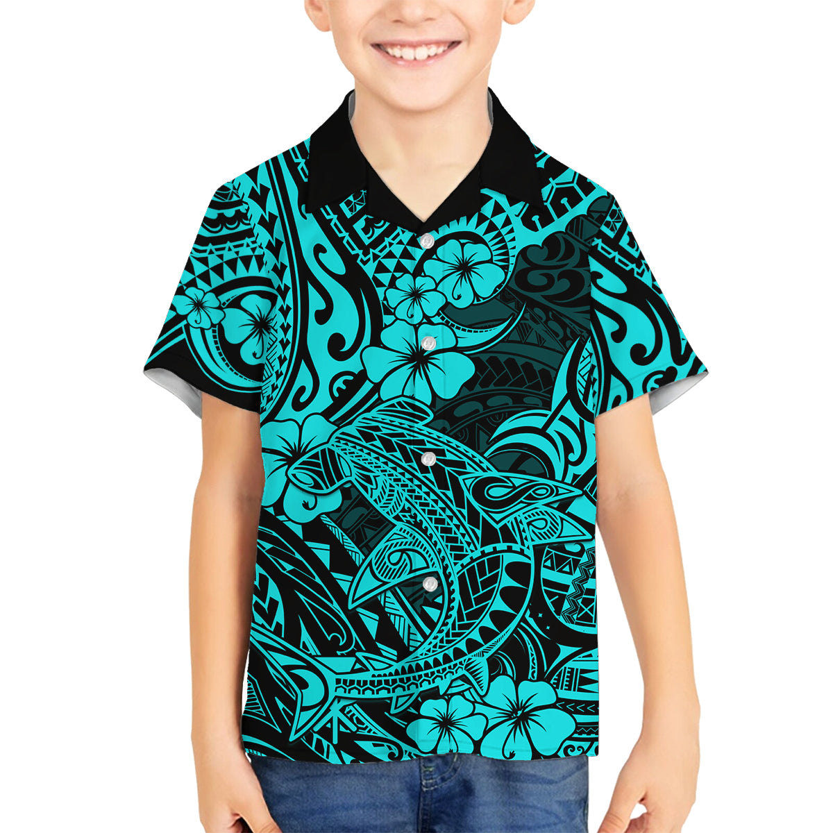 Hawaii Shark Family Matching Off Shoulder Long Sleeve Dress and Hawaiian Shirt Polynesian Pattern Turquoise Version LT01 Son's Shirt Turquoise - Polynesian Pride