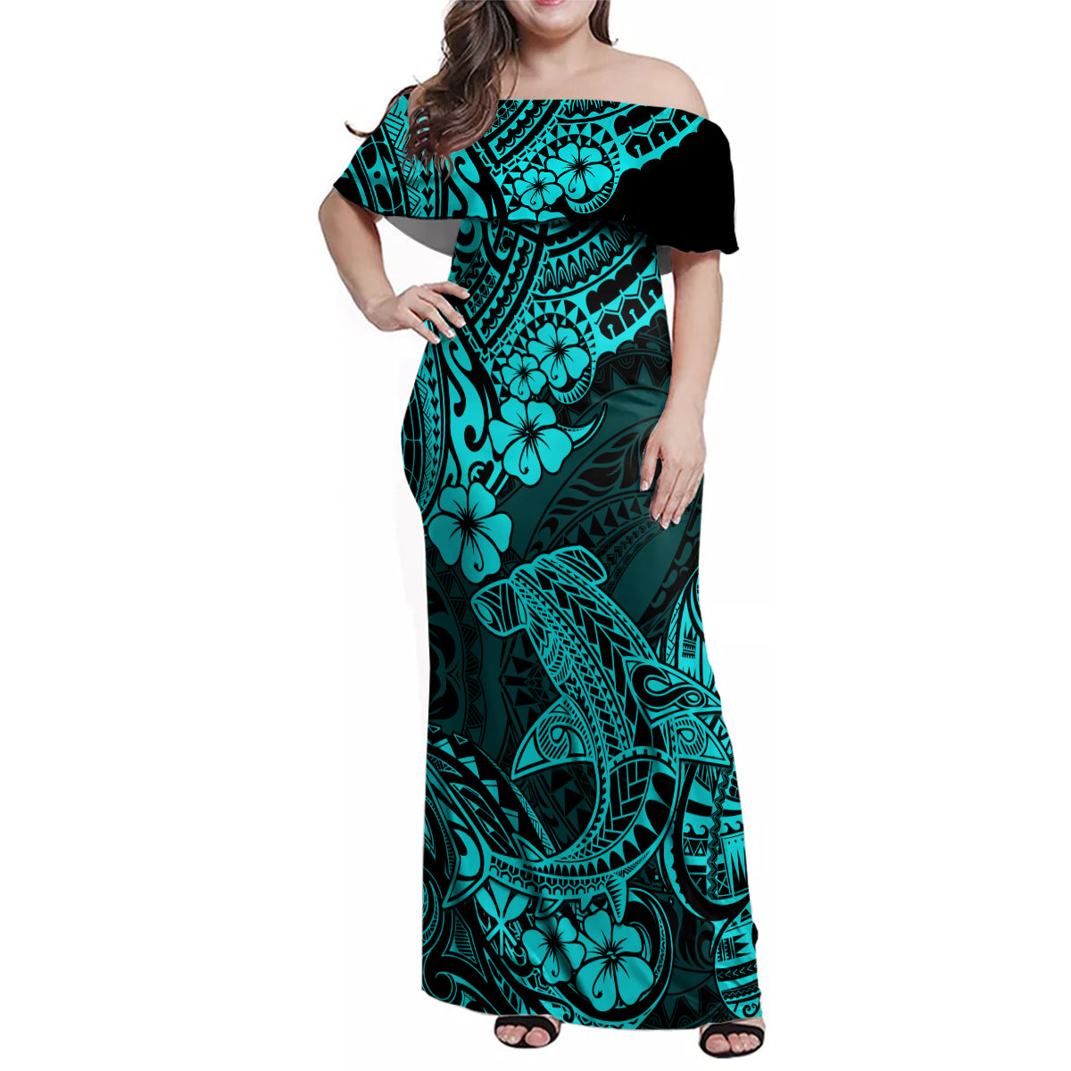 Hawaii Shark Family Matching Off Shoulder Maxi Dress and Hawaiian Shirt Polynesian Pattern Turquoise Version LT01 Mom's Dress Turquoise - Polynesian Pride