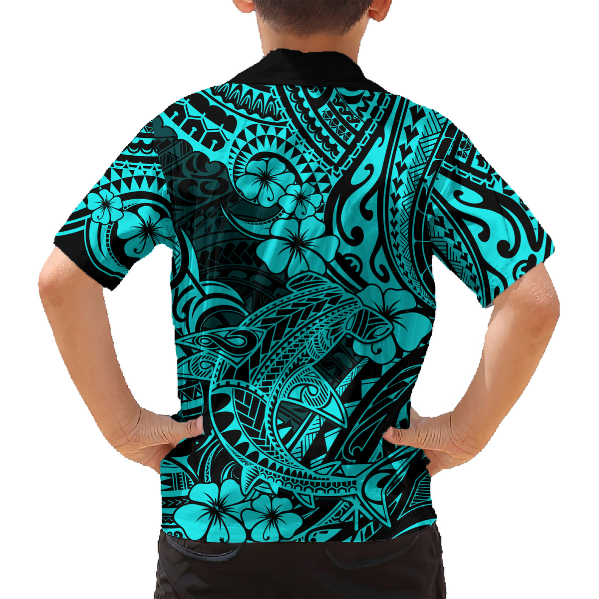 Hawaii Shark Family Matching Short Sleeve Bodycon Dress and Hawaiian Shirt Polynesian Pattern Turquoise Version LT01 - Polynesian Pride