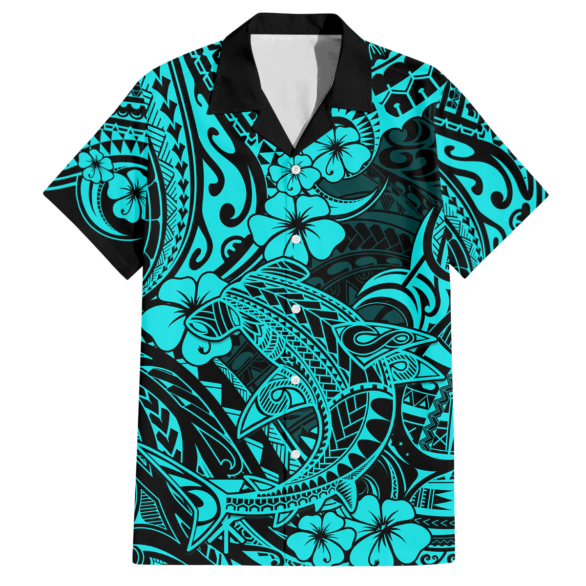 Hawaii Shark Family Matching Summer Maxi Dress and Hawaiian Shirt Polynesian Pattern Turquoise Version LT01 Dad's Shirt - Short Sleeve Turquoise - Polynesian Pride