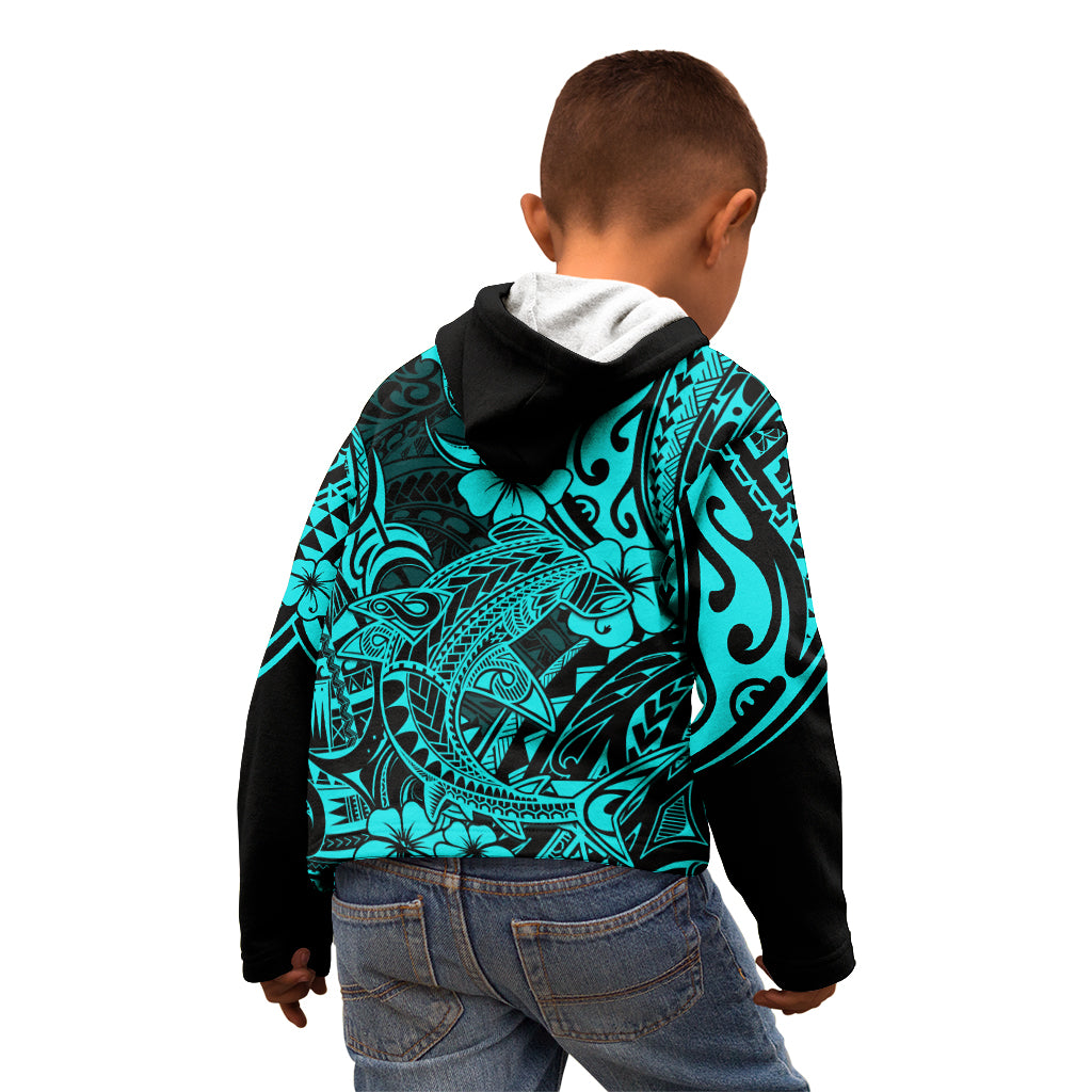 Hawaii Shark Kid Hoodie Polynesian Pattern Turquoise Version LT01 - Polynesian Pride