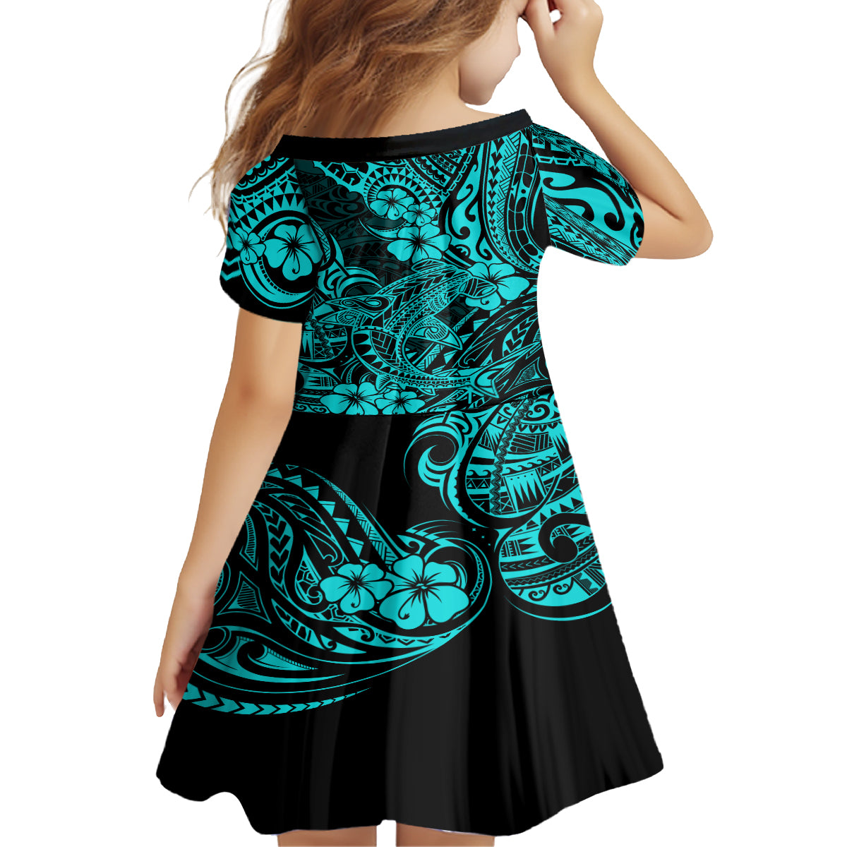 Hawaii Shark Kid Short Sleeve Dress Polynesian Pattern Turquoise Version LT01 - Polynesian Pride