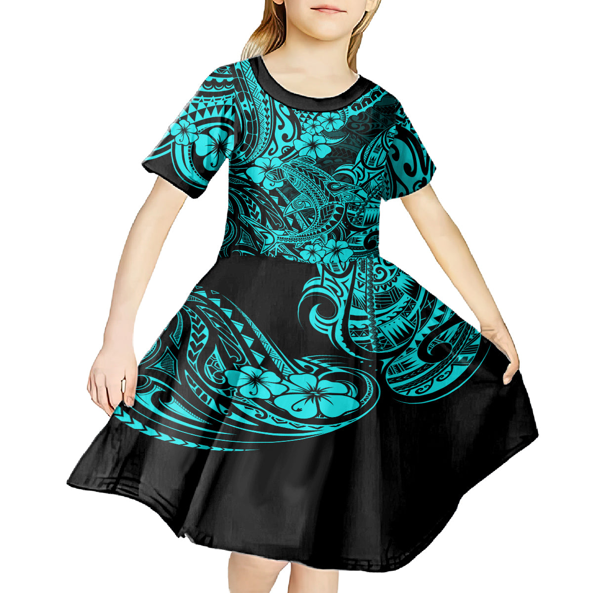 Hawaii Shark Kid Short Sleeve Dress Polynesian Pattern Turquoise Version LT01 - Polynesian Pride