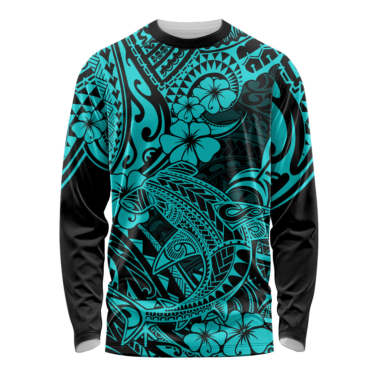 Hawaii Shark Long Sleeve Shirt Polynesian Pattern Turquoise Version LT01 Unisex Turquoise - Polynesian Pride