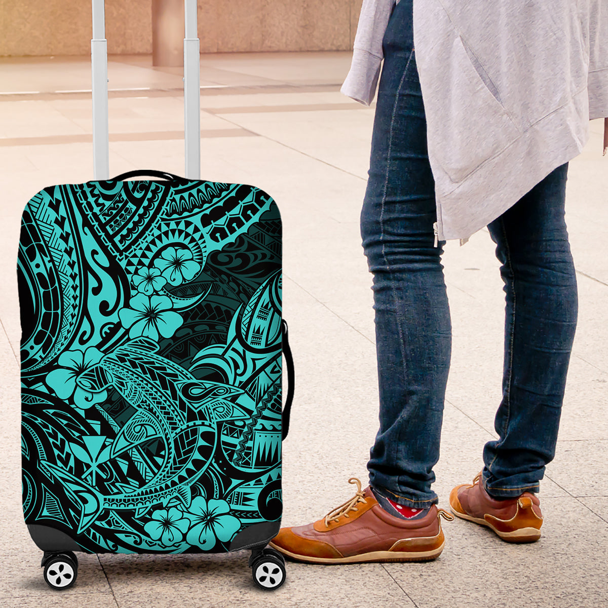 Hawaii Shark Luggage Cover Polynesian Pattern Turquoise Version LT01 Turquoise - Polynesian Pride