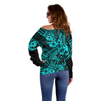 Hawaii Shark Off Shoulder Sweater Polynesian Pattern Turquoise Version LT01 - Polynesian Pride