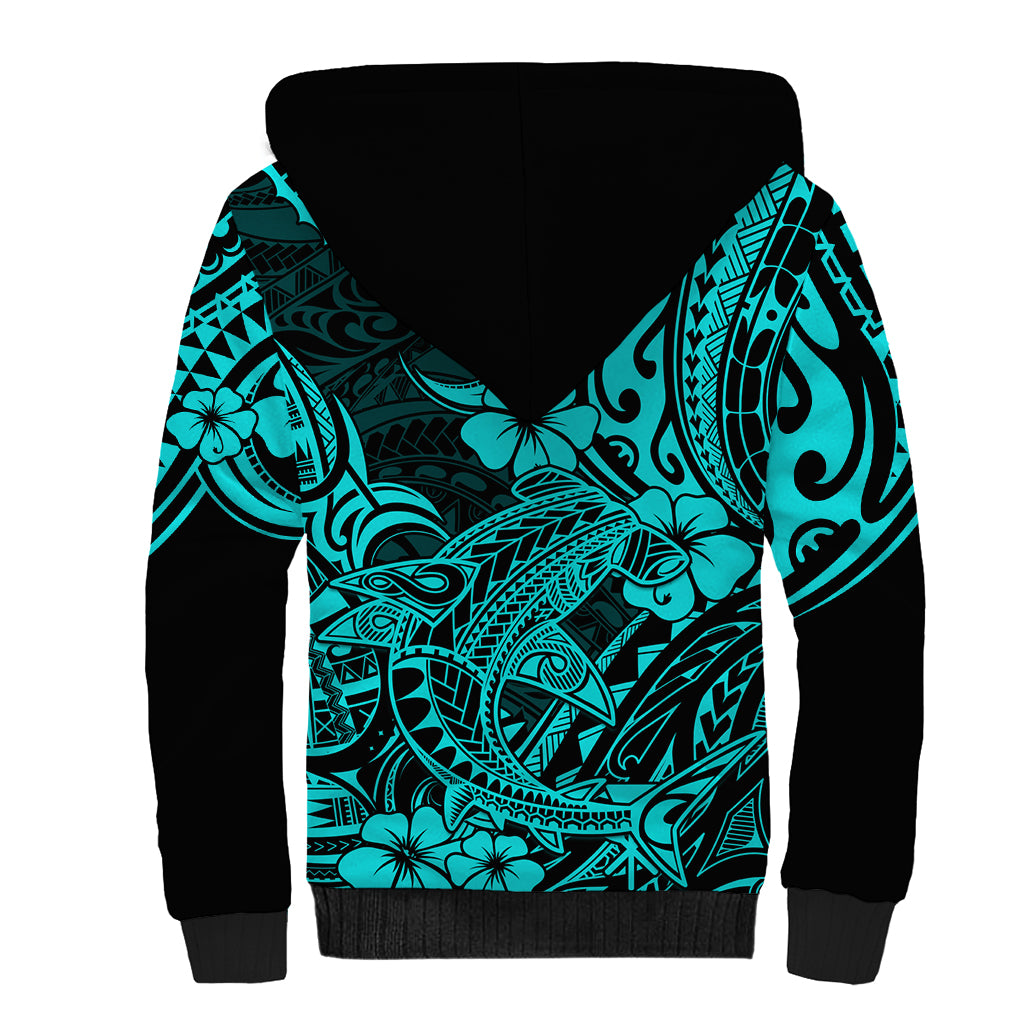 Hawaii Shark Sherpa Hoodie Polynesian Pattern Turquoise Version LT01 - Polynesian Pride