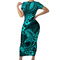 Hawaii Shark Short Sleeve Bodycon Dress Polynesian Pattern Turquoise Version LT01 Long Dress Turquoise - Polynesian Pride