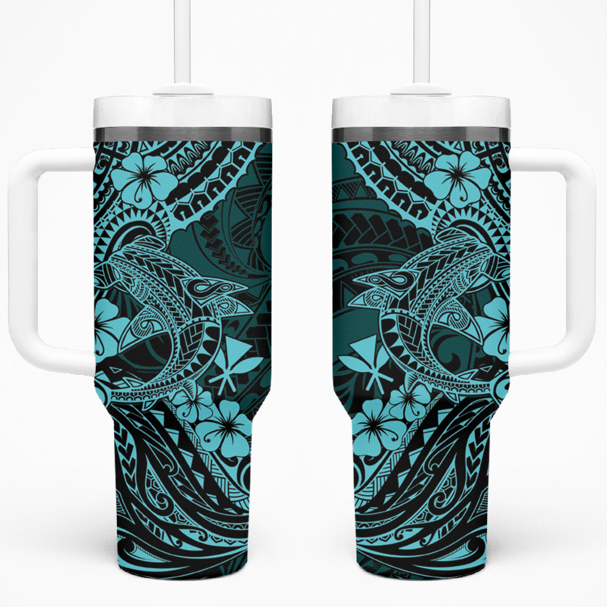 Hawaii Shark Tumbler With Handle Polynesian Pattern Turquoise Version