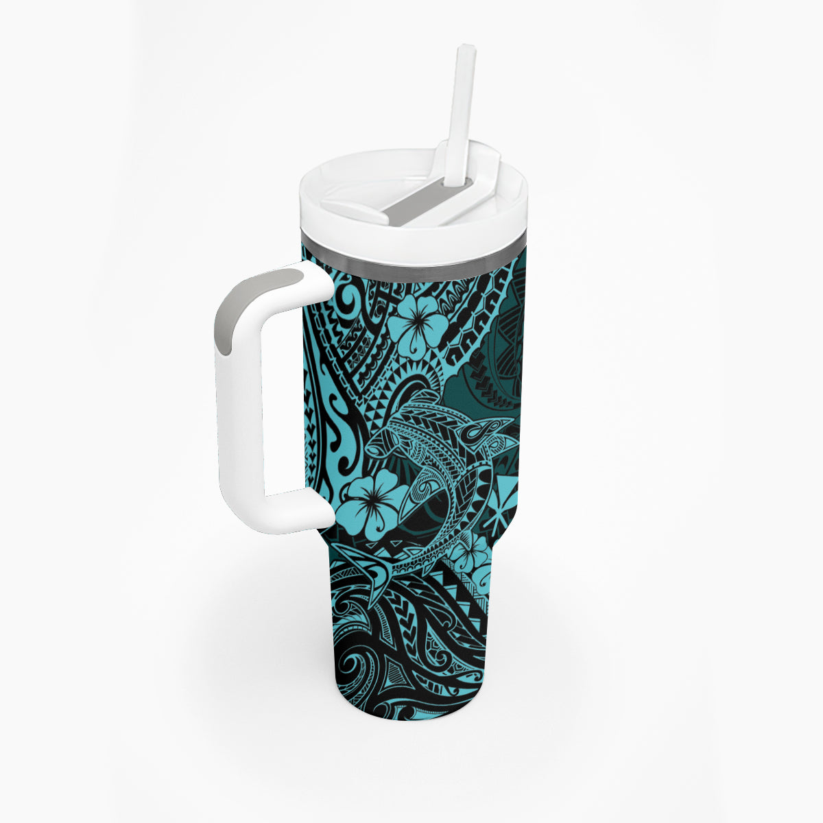 Hawaii Shark Tumbler With Handle Polynesian Pattern Turquoise Version