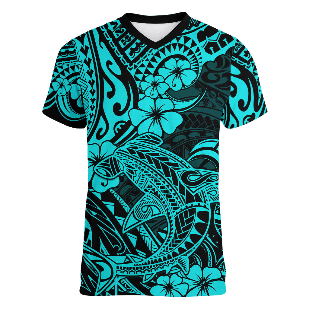 Hawaii Shark Women V Neck T Shirt Polynesian Pattern Turquoise Version LT01 Female Turquoise - Polynesian Pride
