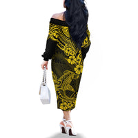 Hawaii Shark Family Matching Off Shoulder Long Sleeve Dress and Hawaiian Shirt Polynesian Pattern Yellow Version LT01 - Polynesian Pride