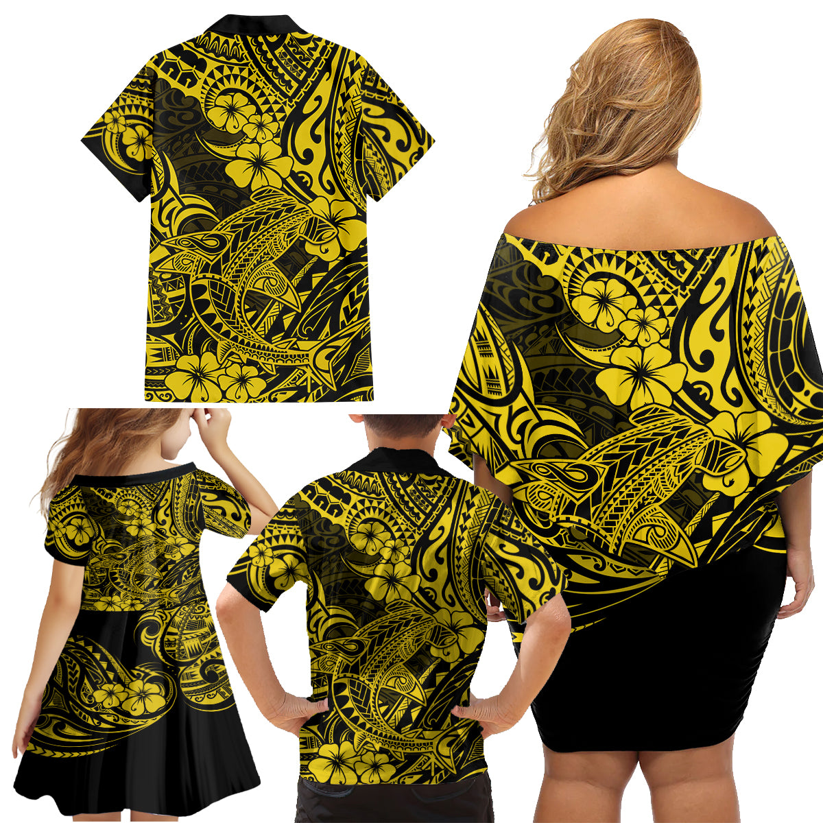 Hawaii Shark Family Matching Off Shoulder Short Dress and Hawaiian Shirt Polynesian Pattern Yellow Version LT01 - Polynesian Pride